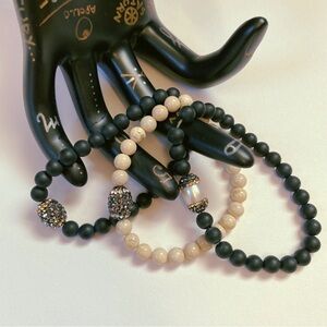 Gemstone Bracelet Stack Of Three Beaded Bracelets With Egg CZ Focal Beads